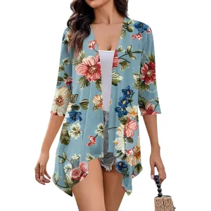 3/4 Sleeve Cardigan for Women Summer Beach Vacation Clothes Womens Lightweight Cardigans Hawaiian Floral Shirts