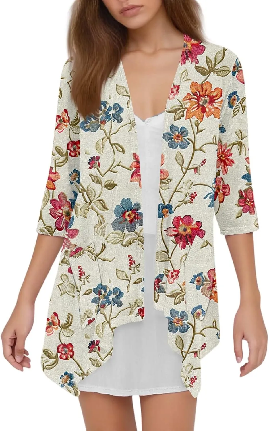 3/4 Sleeve Cardigan for Women Summer Beach Vacation Clothes Womens Lightweight Cardigans Hawaiian Floral Shirts