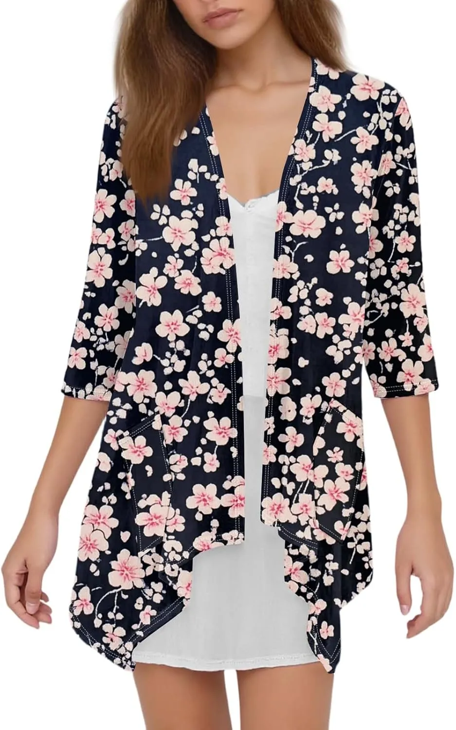 3/4 Sleeve Cardigan for Women Summer Beach Vacation Clothes Womens Lightweight Cardigans Hawaiian Floral Shirts