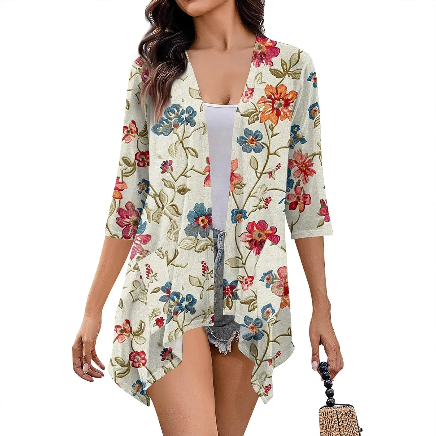 3/4 Sleeve Cardigan for Women Summer Beach Vacation Clothes Womens Lightweight Cardigans Hawaiian Floral Shirts