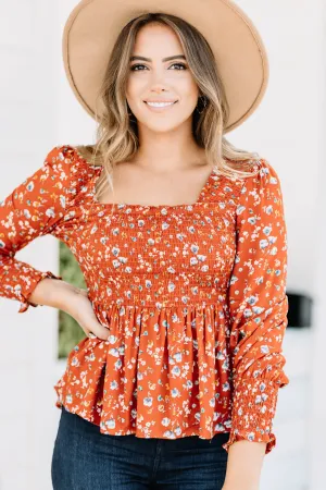 Big Moves Rust Orange Ditsy Floral Top