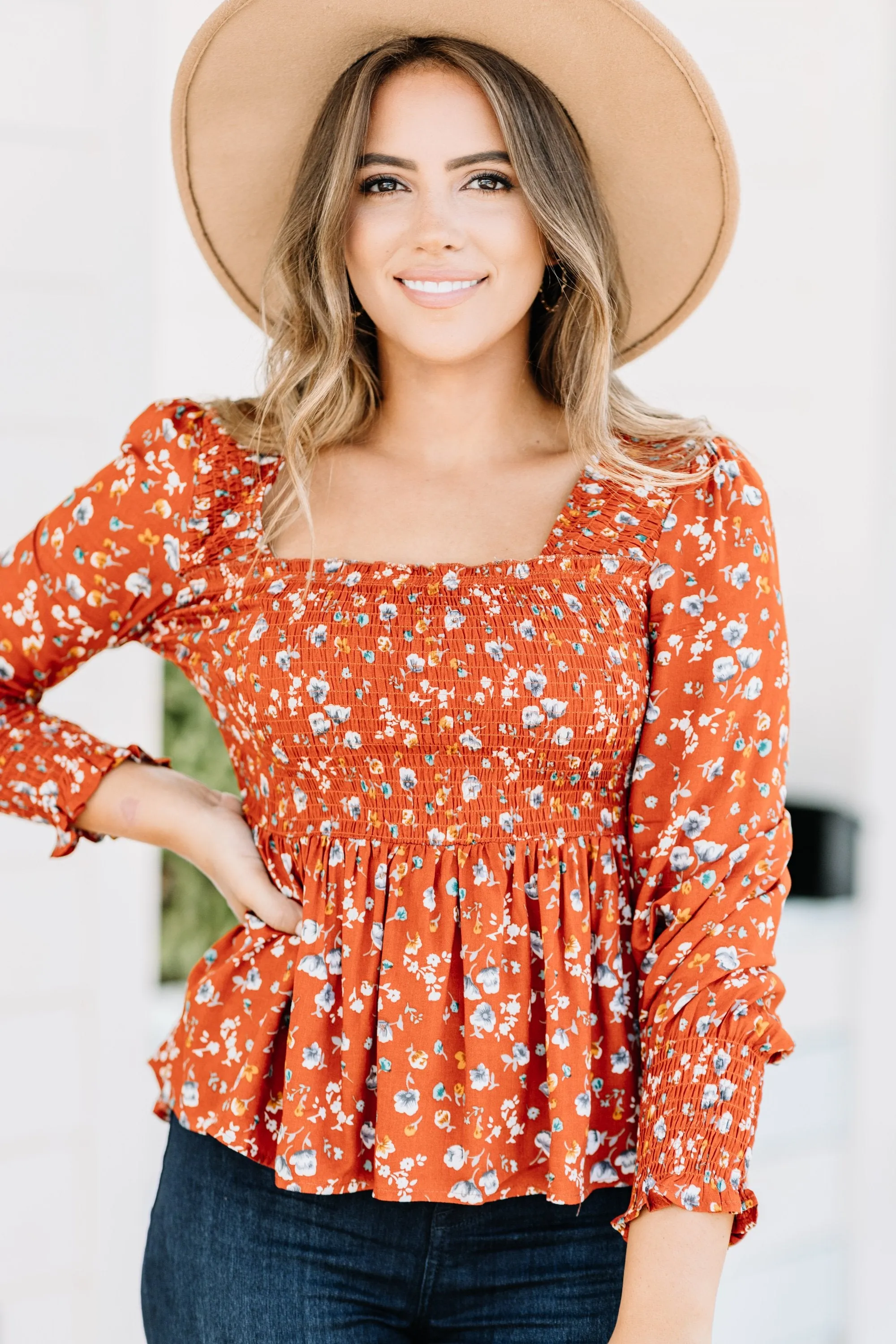 Big Moves Rust Orange Ditsy Floral Top