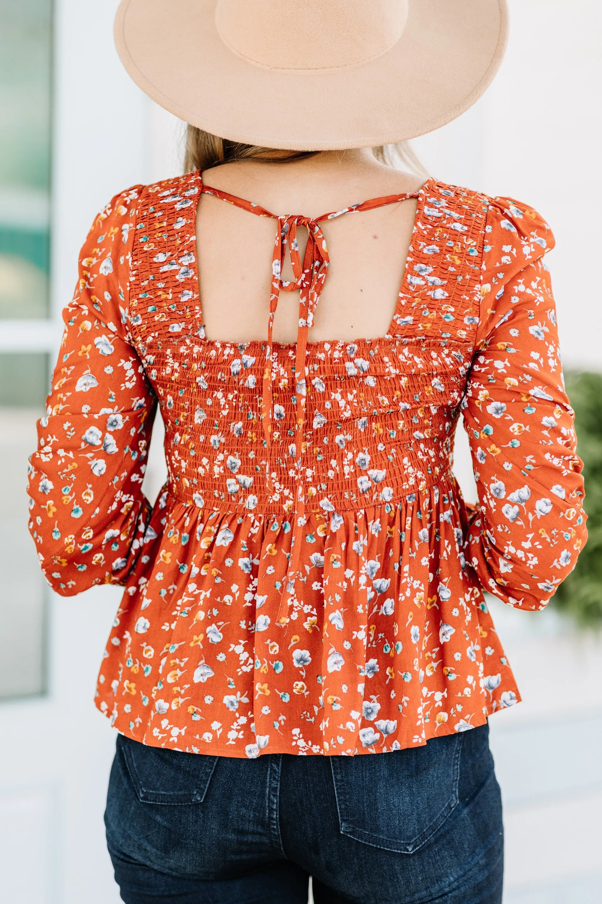 Big Moves Rust Orange Ditsy Floral Top