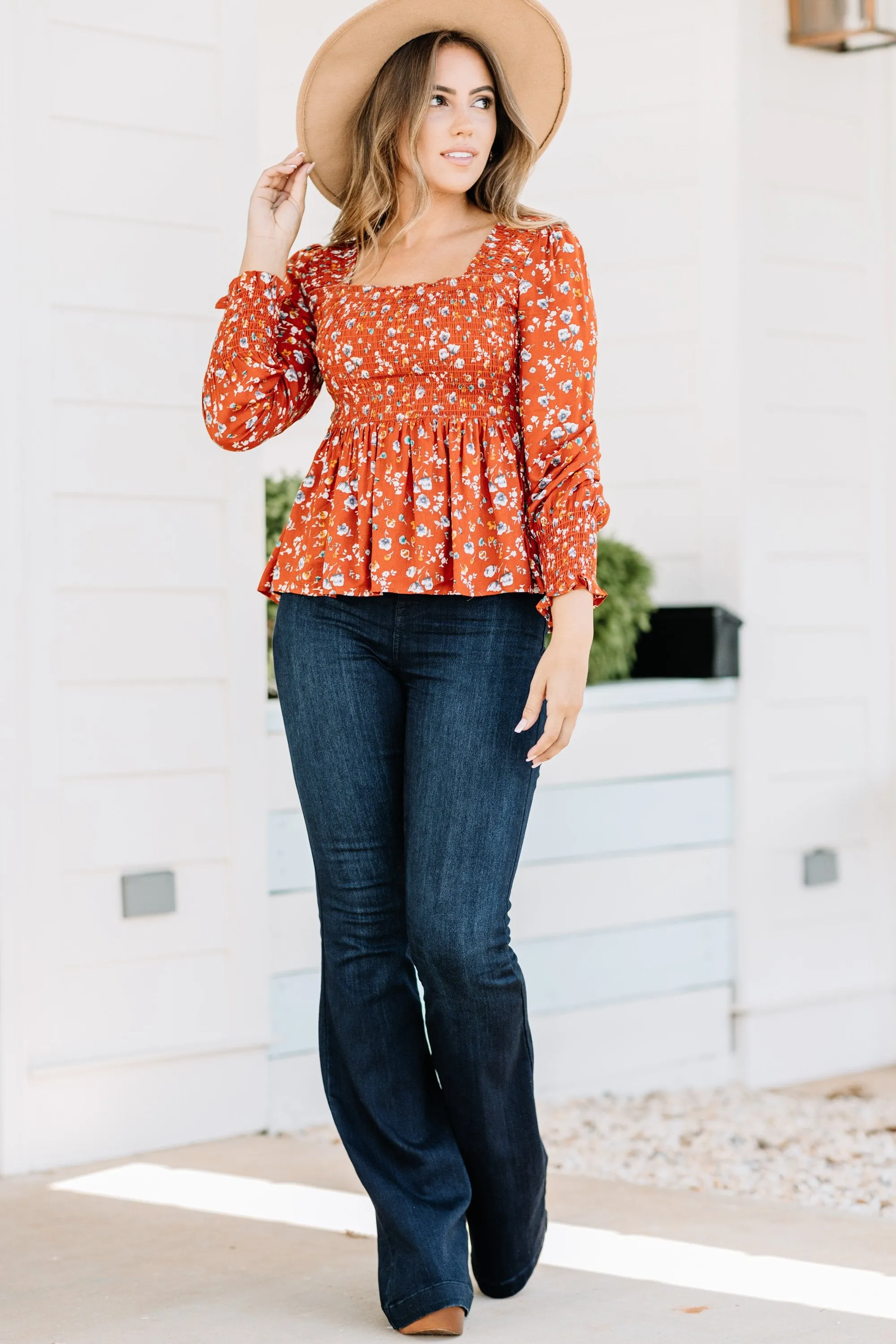 Big Moves Rust Orange Ditsy Floral Top