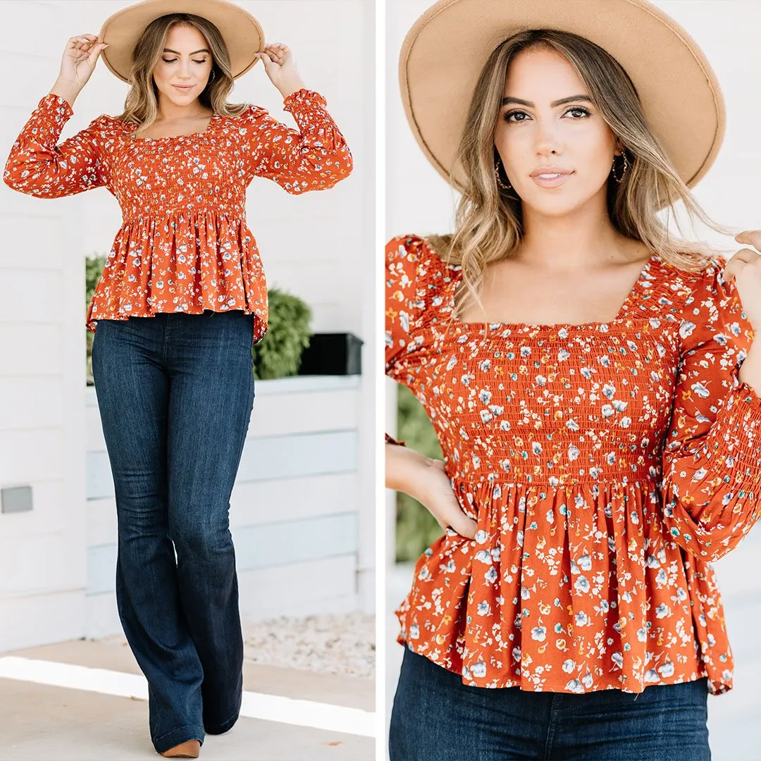 Big Moves Rust Orange Ditsy Floral Top