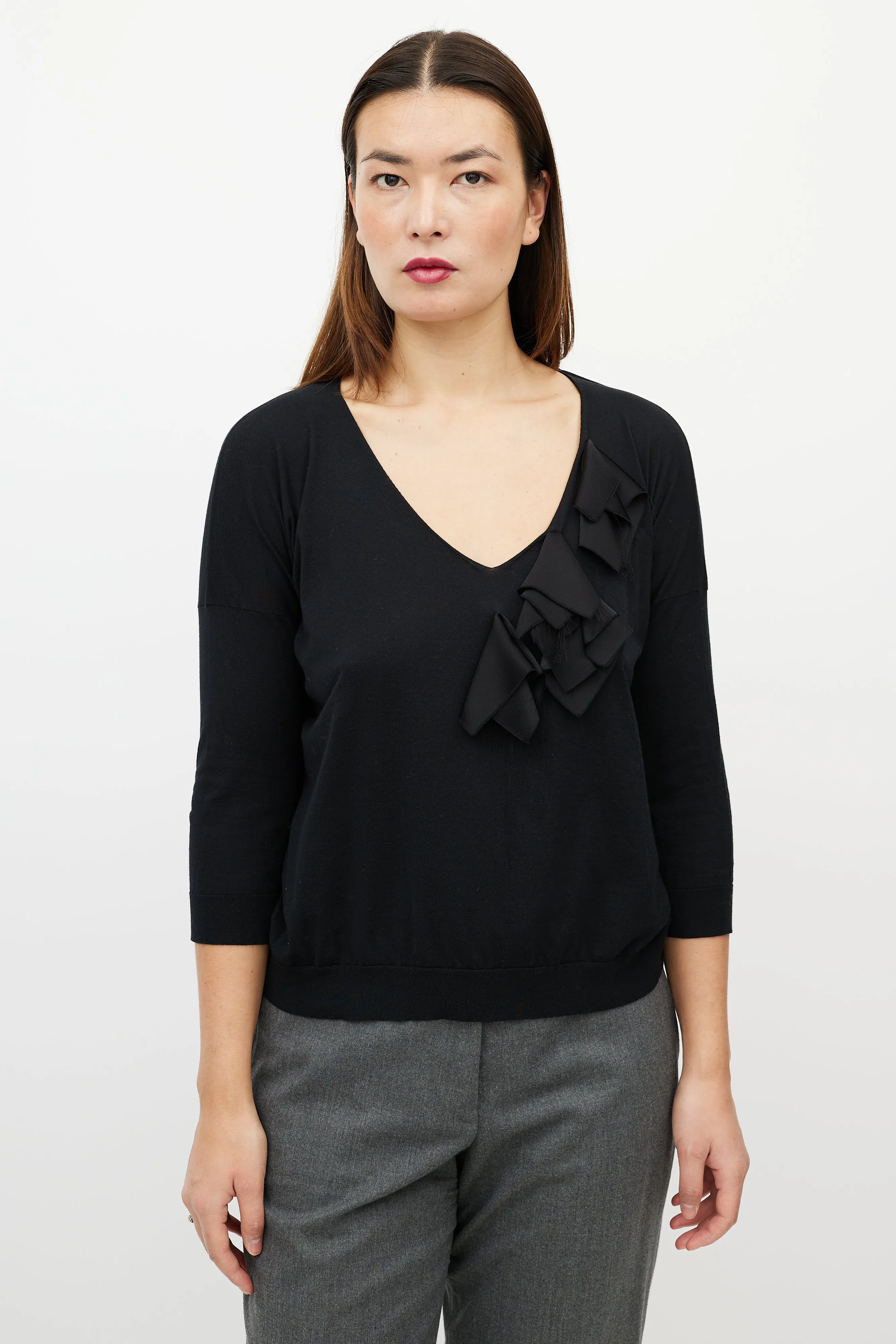 Black Ruffle V-Neck Sweater
