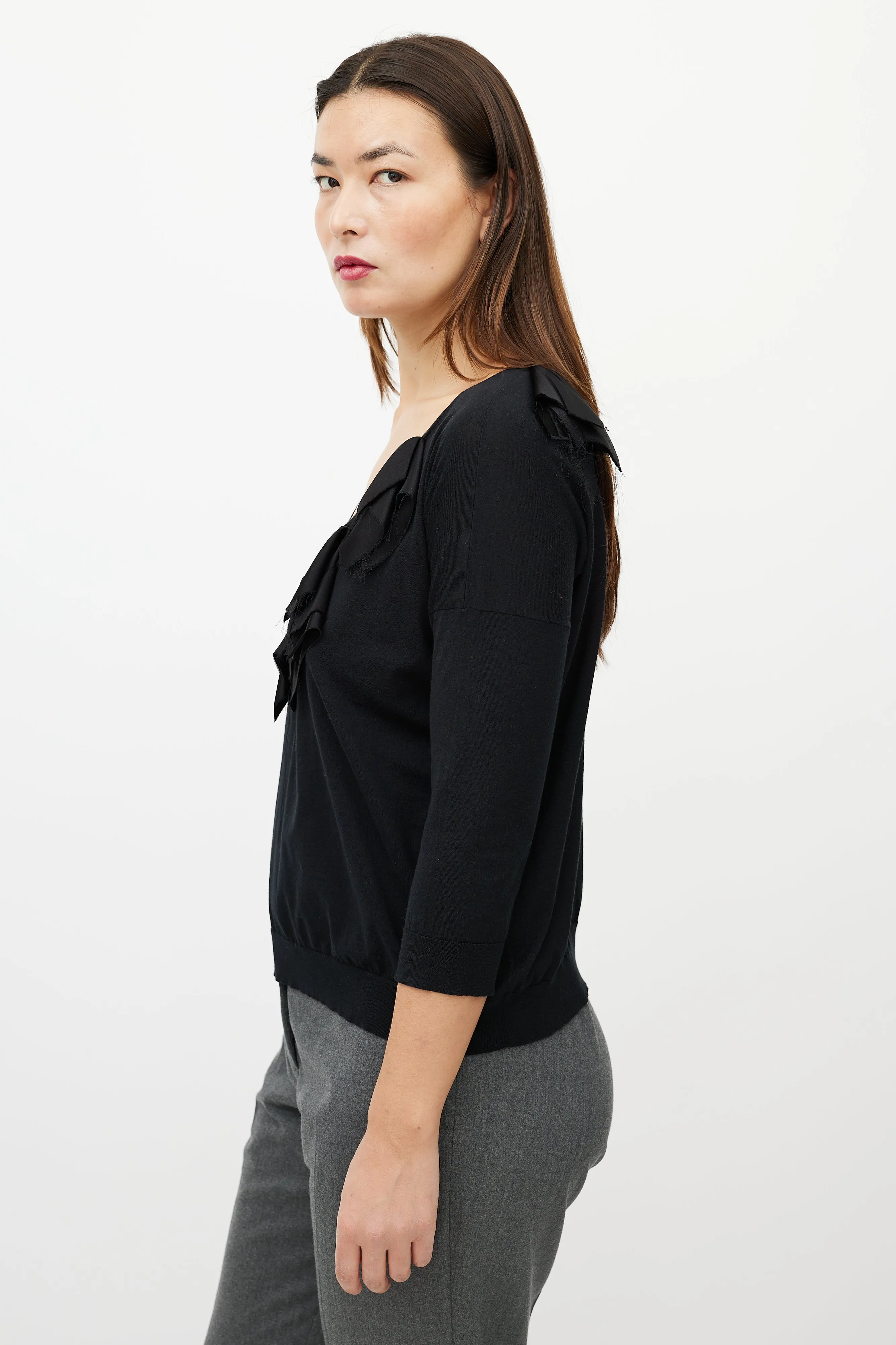Black Ruffle V-Neck Sweater