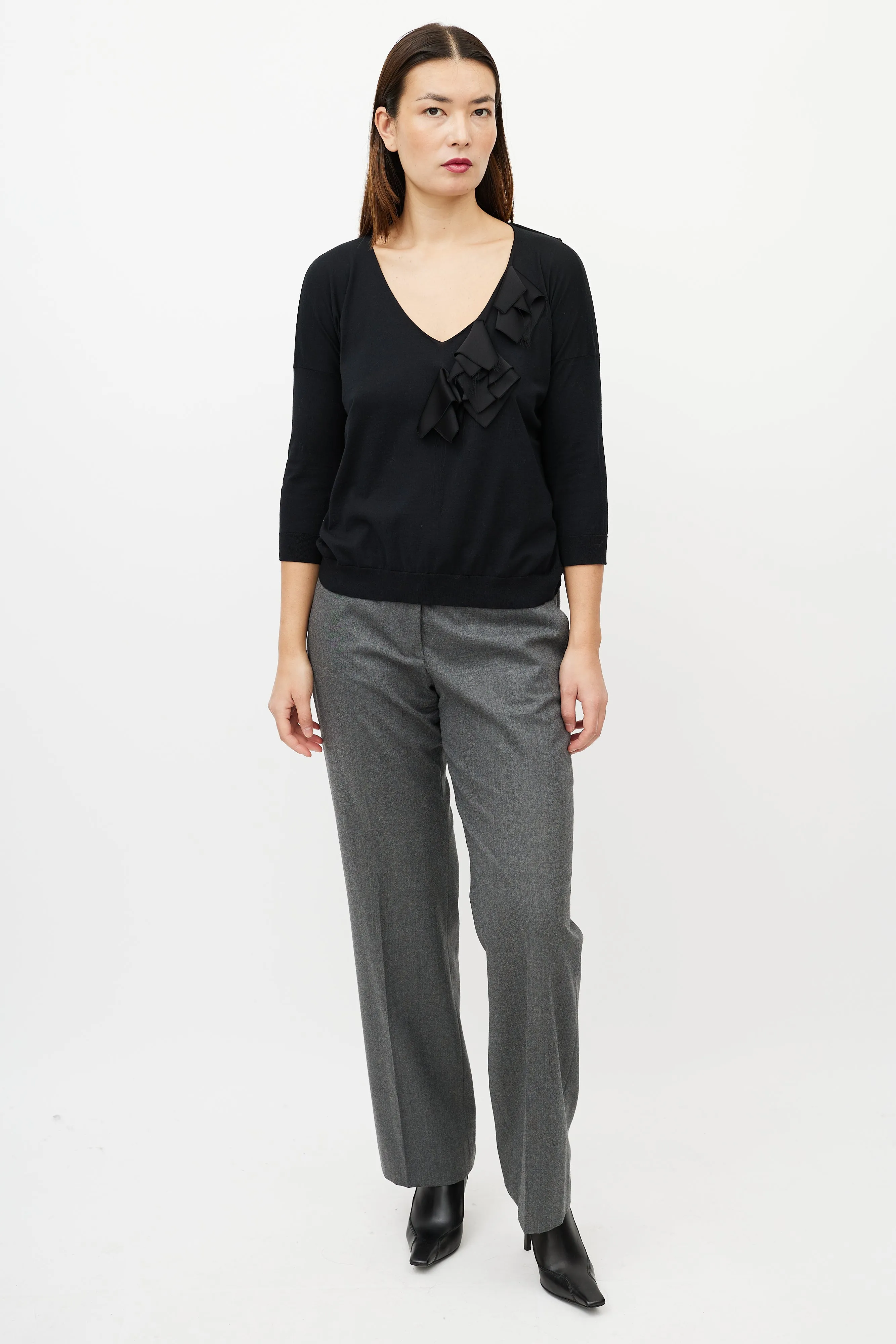 Black Ruffle V-Neck Sweater