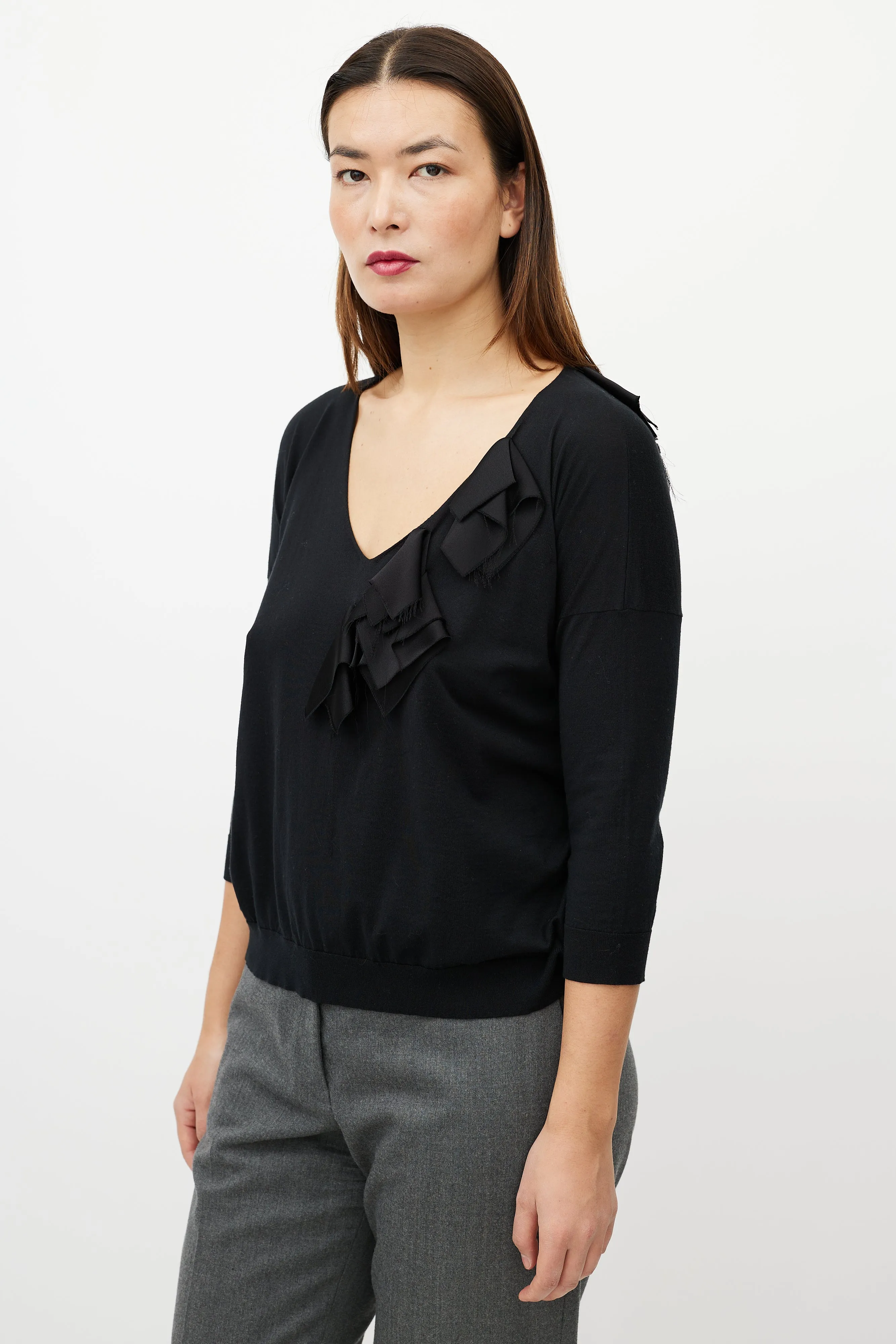 Black Ruffle V-Neck Sweater