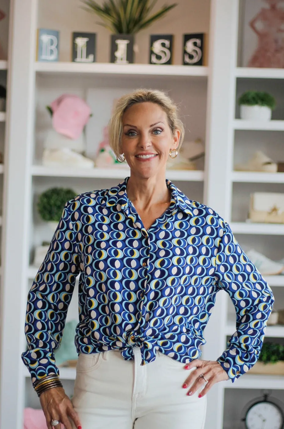 Blue Patterned Button Button Down Blouse