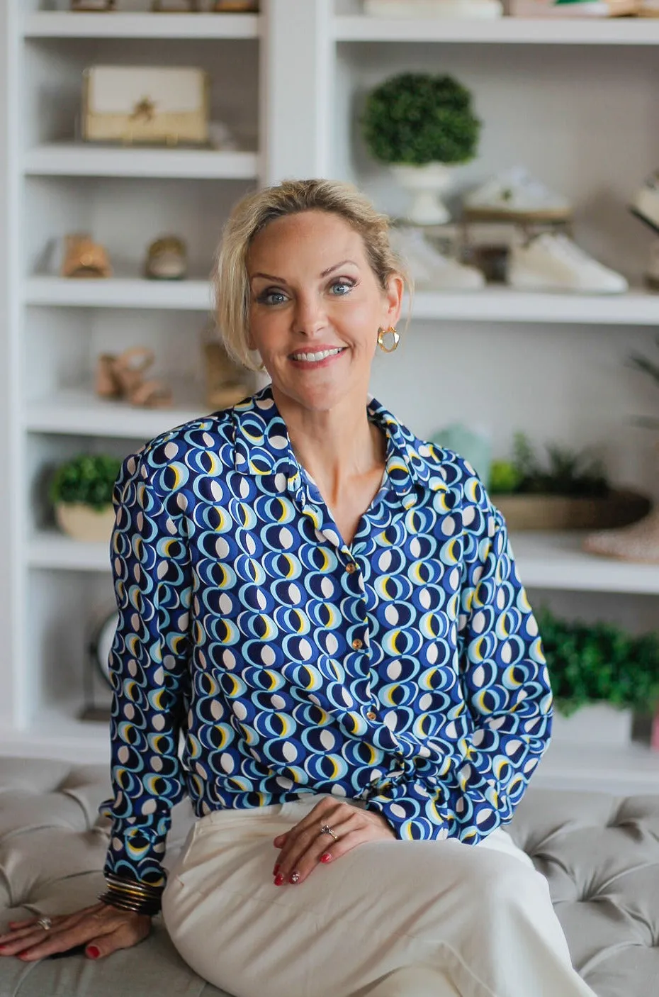 Blue Patterned Button Button Down Blouse
