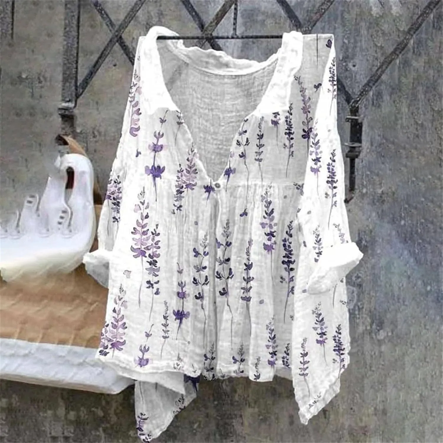 Boho Blouses for Women Linen 3/4 Sleeve Casual V Neck Button Up Flowy Babydoll Peasant Tops Boxy Collared Shirts