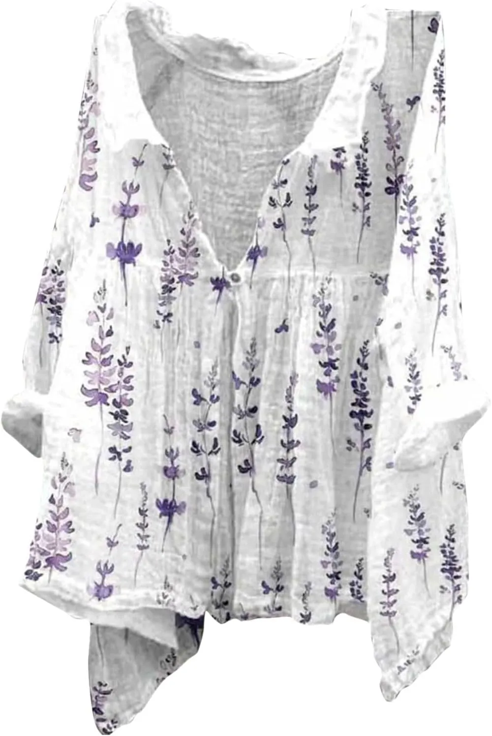 Boho Blouses for Women Linen 3/4 Sleeve Casual V Neck Button Up Flowy Babydoll Peasant Tops Boxy Collared Shirts