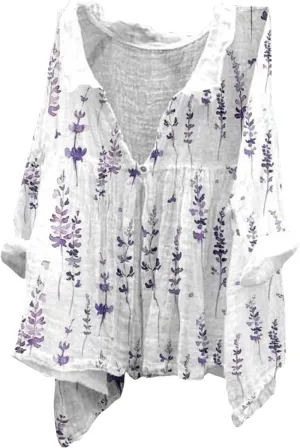 Boho Blouses for Women Linen 3/4 Sleeve Casual V Neck Button Up Flowy Babydoll Peasant Tops Boxy Collared Shirts
