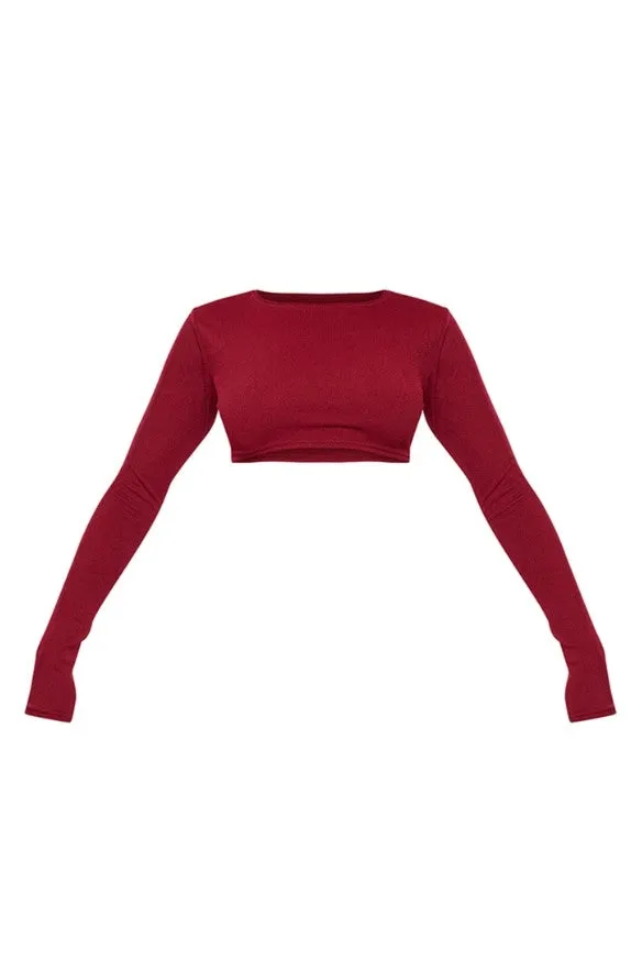 Cherry Red Stretch Rib Long Sleeve Open Back Crop Top