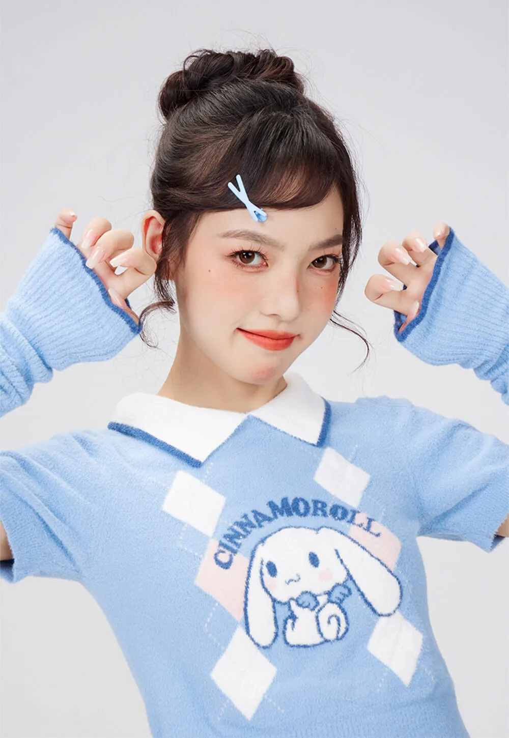 Cinnamoroll Argyle Short Sleeve Collared Crop Sweater