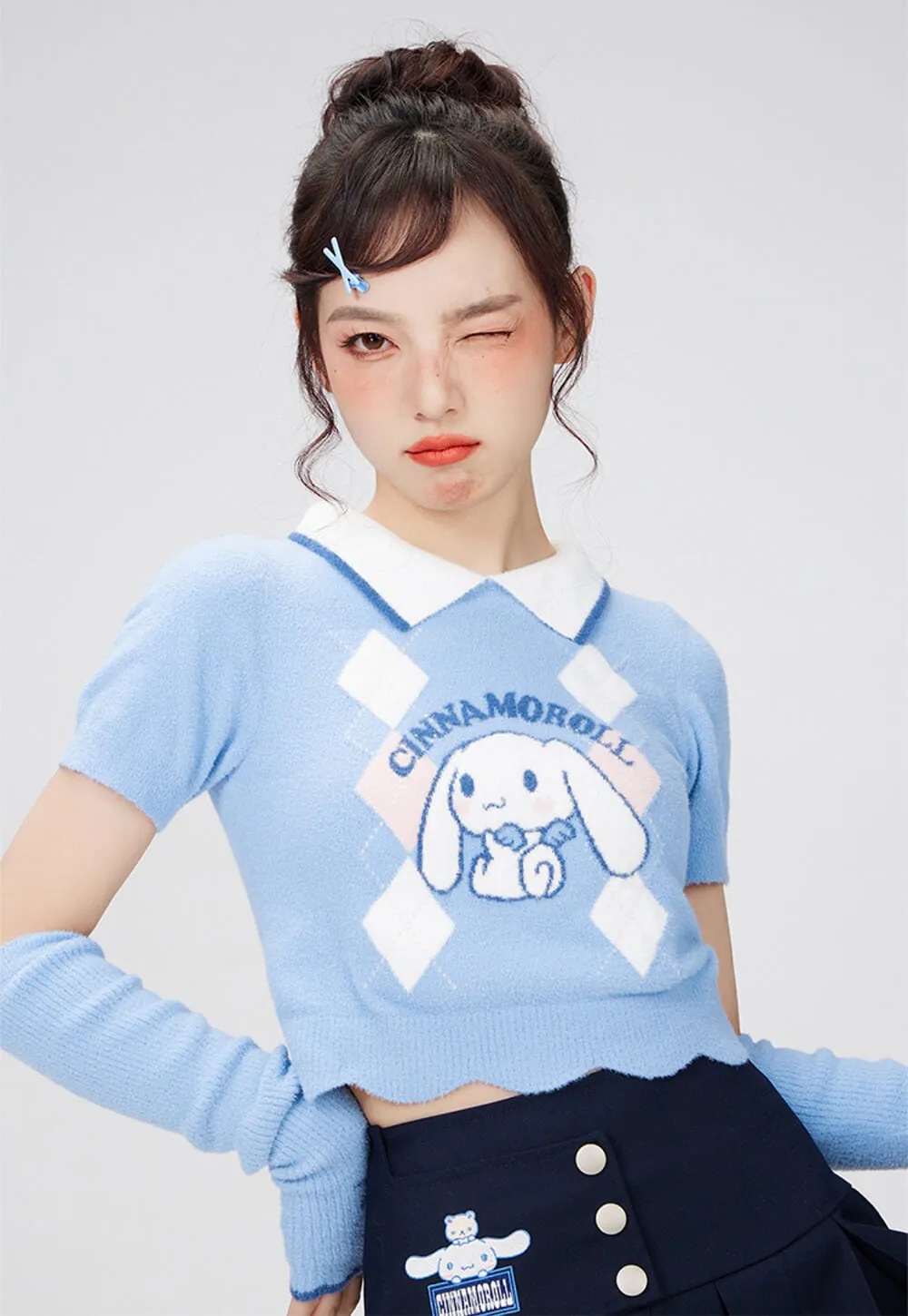 Cinnamoroll Argyle Short Sleeve Collared Crop Sweater