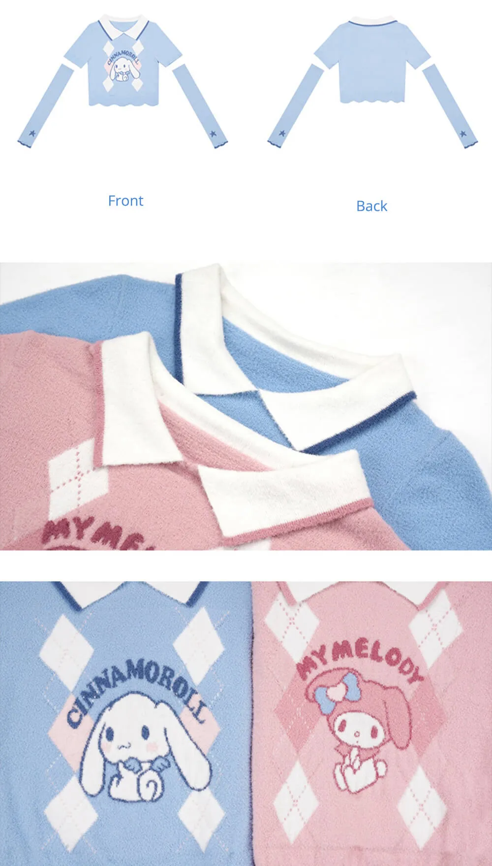 Cinnamoroll Argyle Short Sleeve Collared Crop Sweater