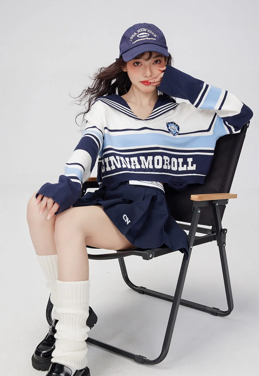 Cinnamoroll Sailor Collar Block Color Striped Torn Crop Sweater