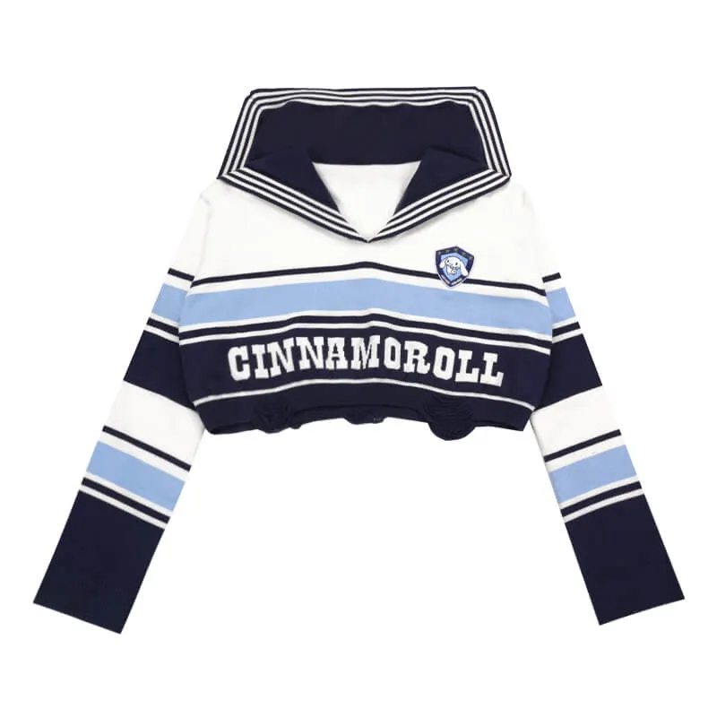 Cinnamoroll Sailor Collar Block Color Striped Torn Crop Sweater