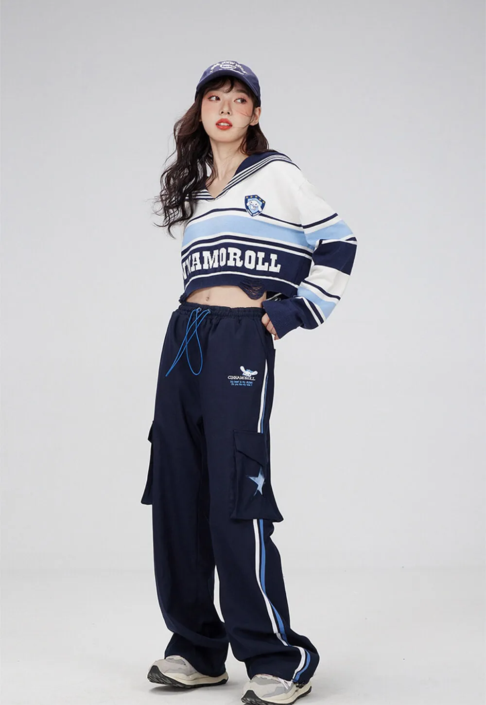 Cinnamoroll Sailor Collar Block Color Striped Torn Crop Sweater