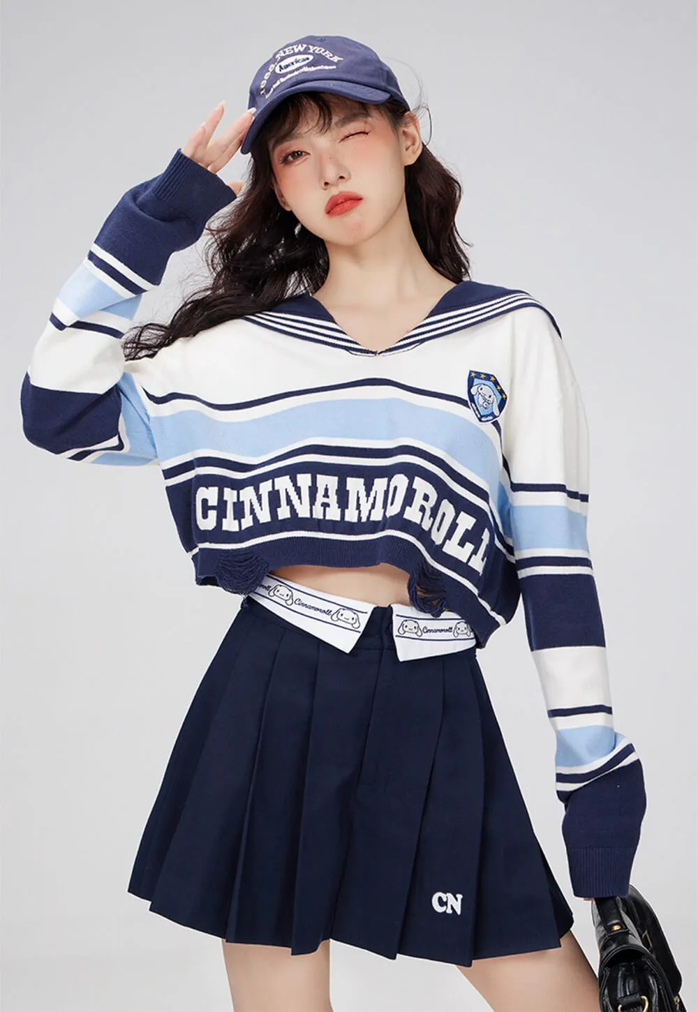 Cinnamoroll Sailor Collar Block Color Striped Torn Crop Sweater