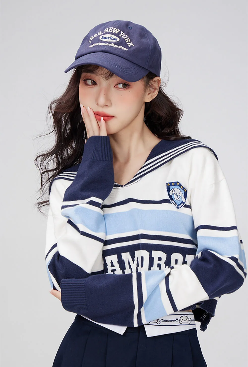Cinnamoroll Sailor Collar Block Color Striped Torn Crop Sweater
