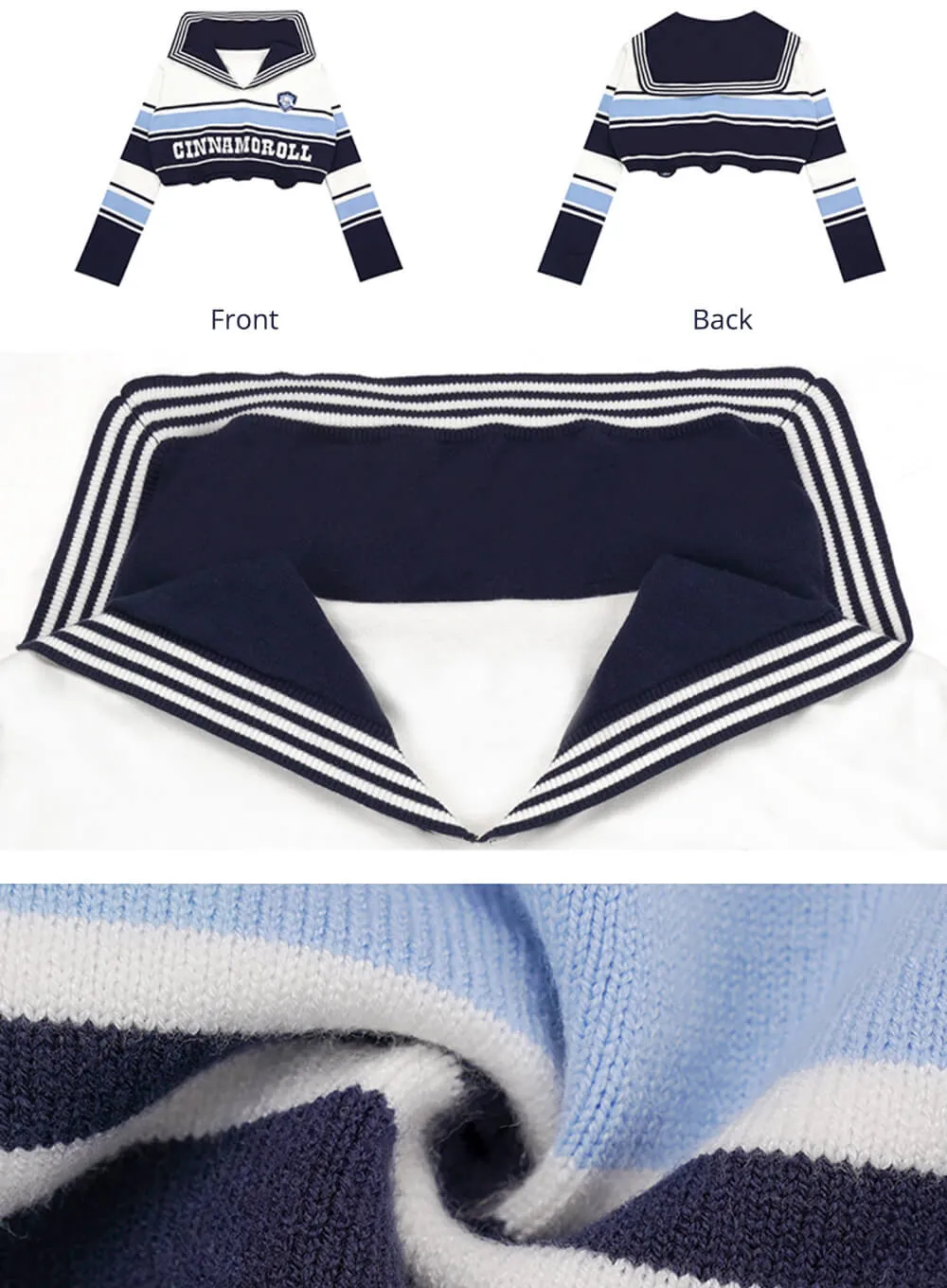 Cinnamoroll Sailor Collar Block Color Striped Torn Crop Sweater