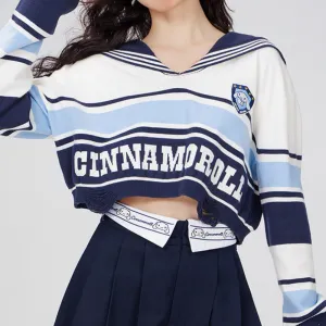 Cinnamoroll Sailor Collar Block Color Striped Torn Crop Sweater