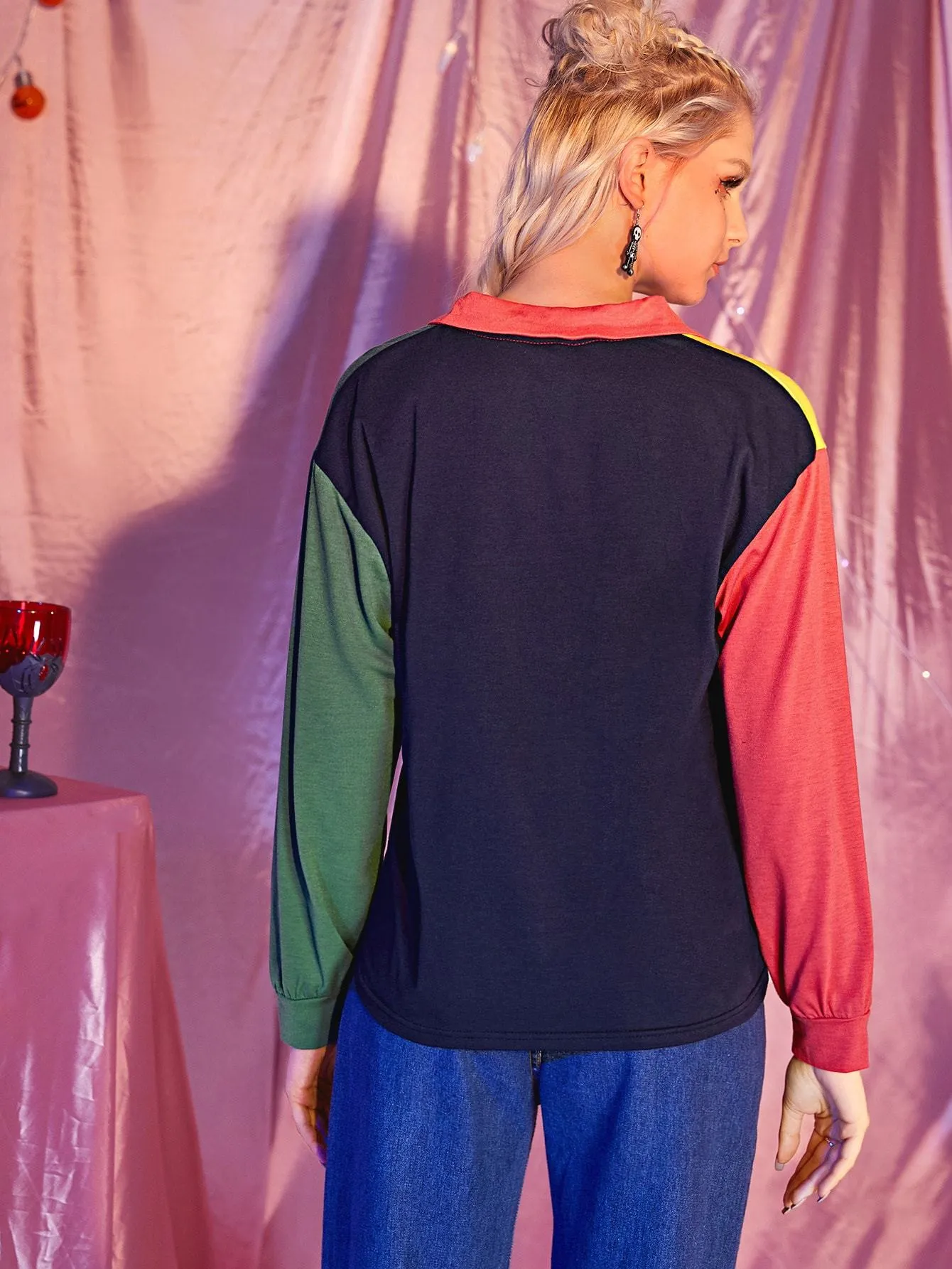 Colour-block Halloween Print Polo Tee