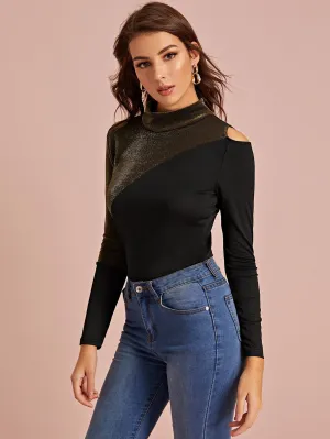 Contrast Glitter Stand Collar Cold Shoulder Tee