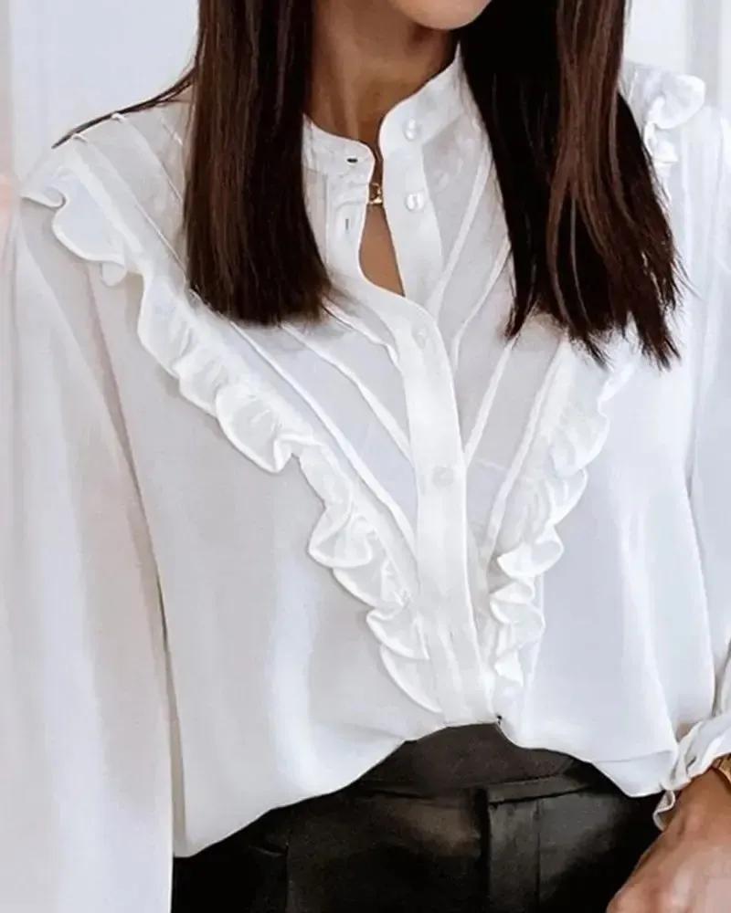 Deanwangkt - Ruffled Long Sleeve Button Down Blouse