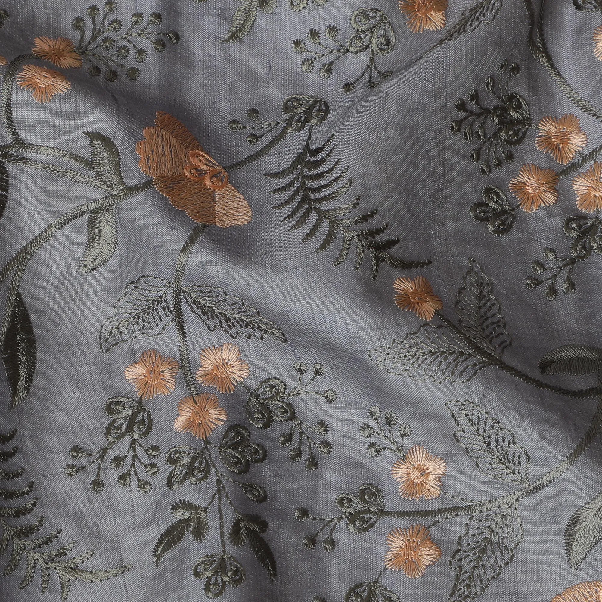 Elegant Grey Tussar Silk Fabric with Floral Embroidery - 110 cm Wide - D19616