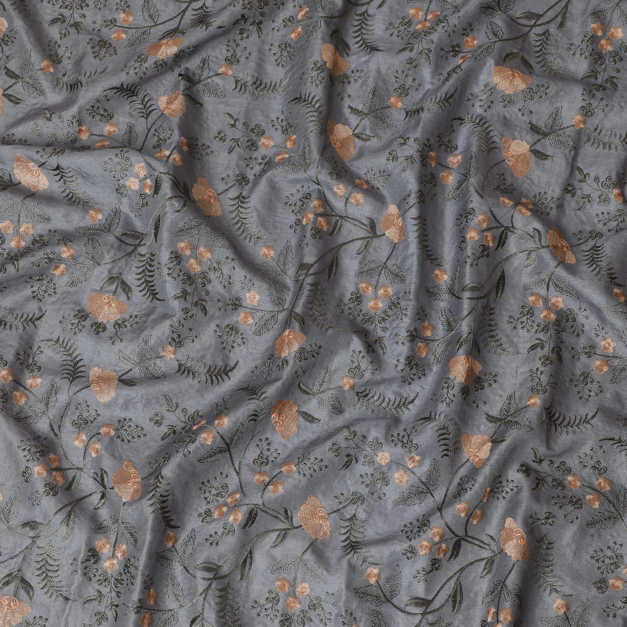 Elegant Grey Tussar Silk Fabric with Floral Embroidery - 110 cm Wide - D19616