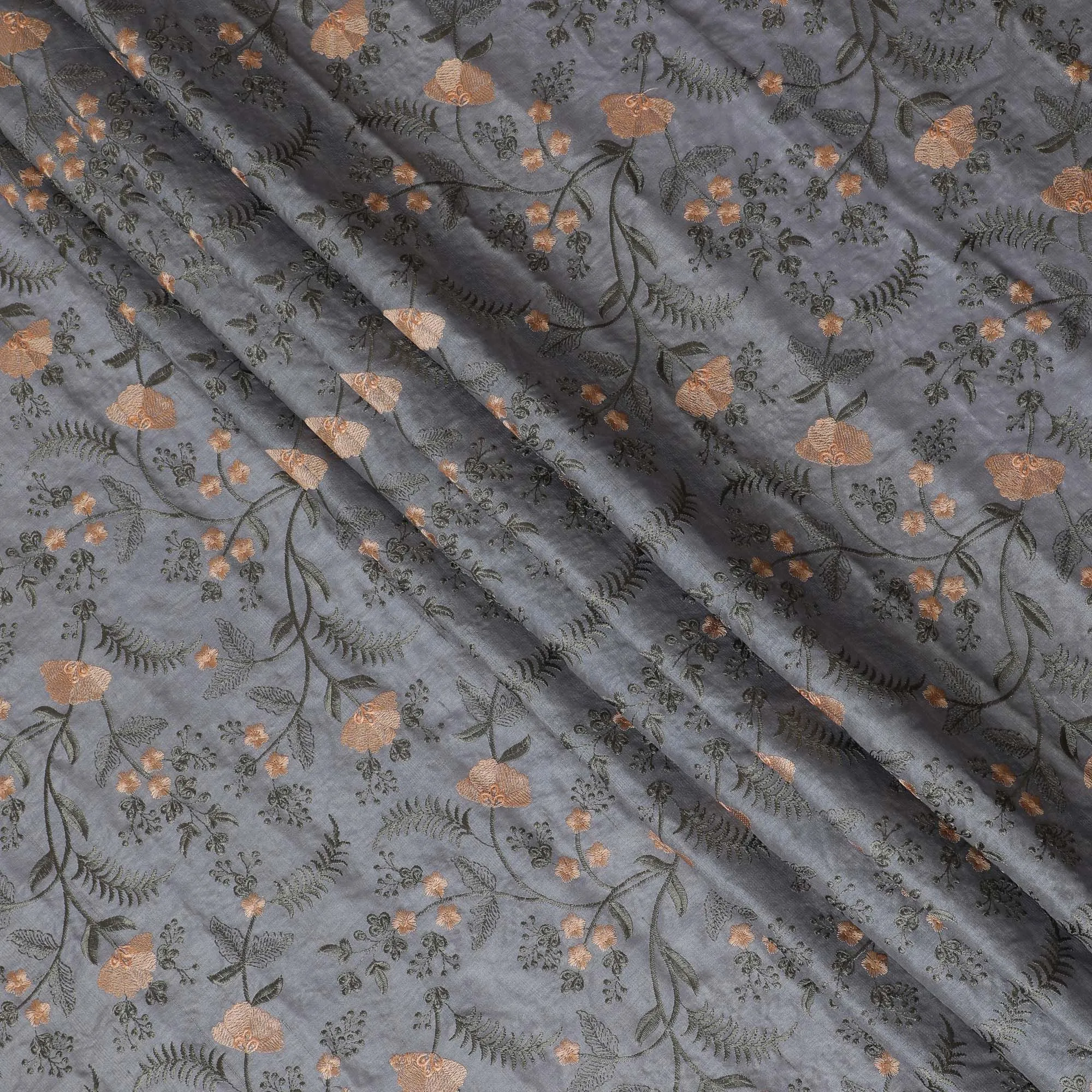 Elegant Grey Tussar Silk Fabric with Floral Embroidery - 110 cm Wide - D19616