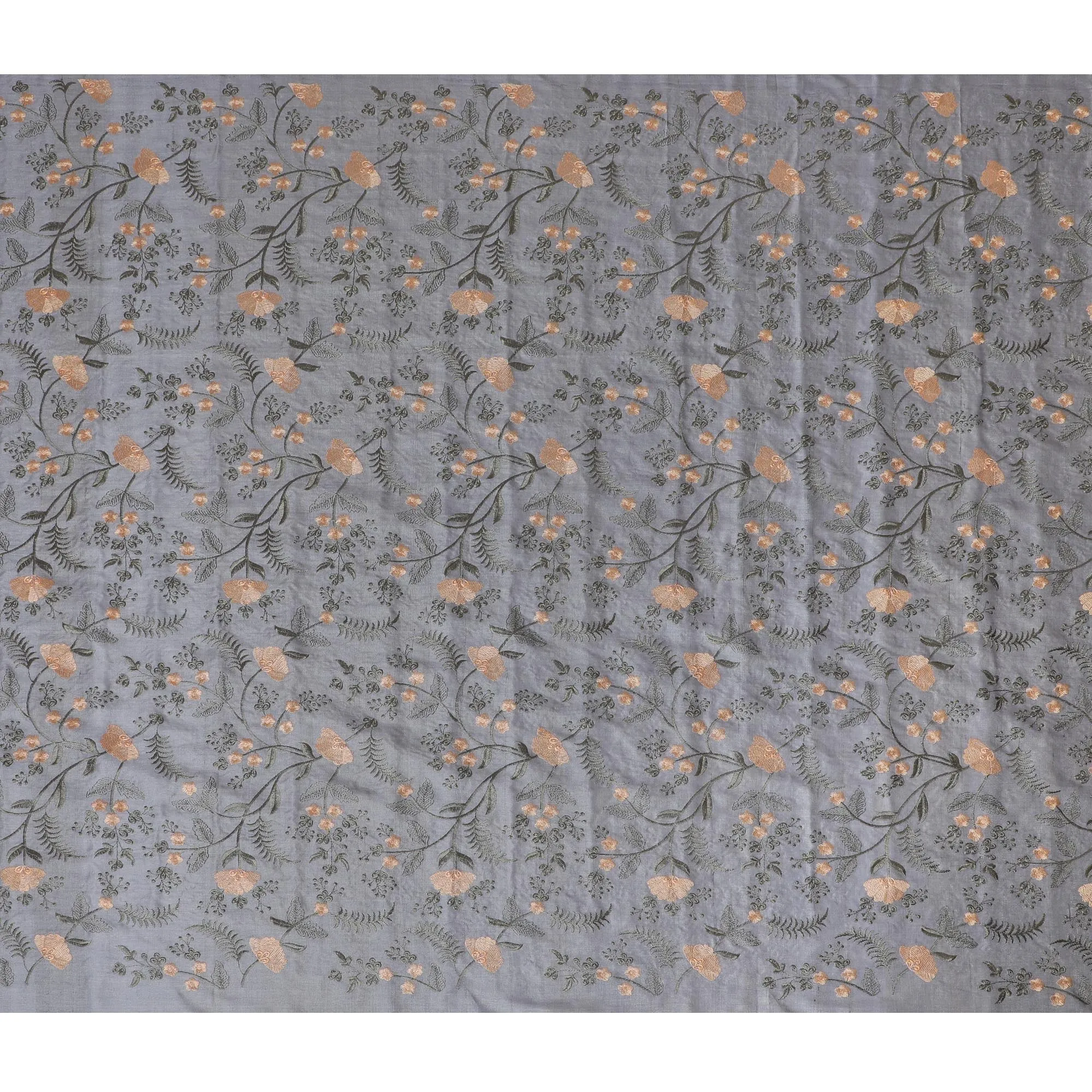 Elegant Grey Tussar Silk Fabric with Floral Embroidery - 110 cm Wide - D19616