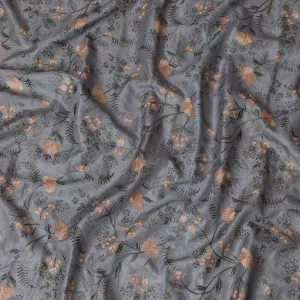 Elegant Grey Tussar Silk Fabric with Floral Embroidery - 110 cm Wide - D19616