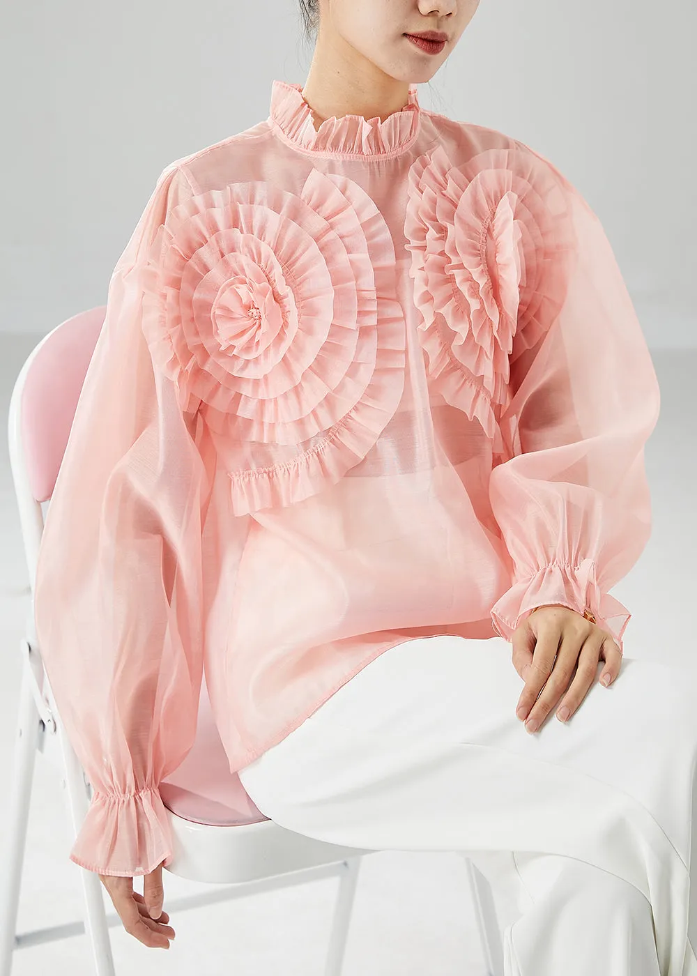 Elegant Pink Ruffled Floral Chiffon Blouses Summer LY6145