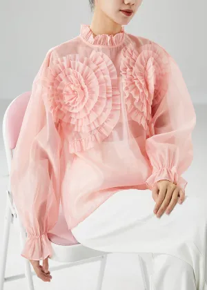 Elegant Pink Ruffled Floral Chiffon Blouses Summer LY6145