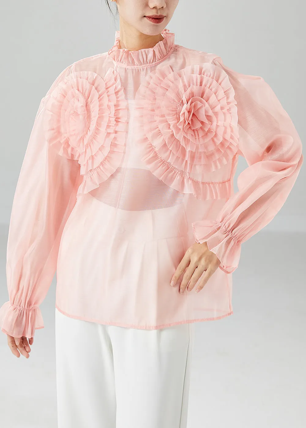 Elegant Pink Ruffled Floral Chiffon Blouses Summer LY6145