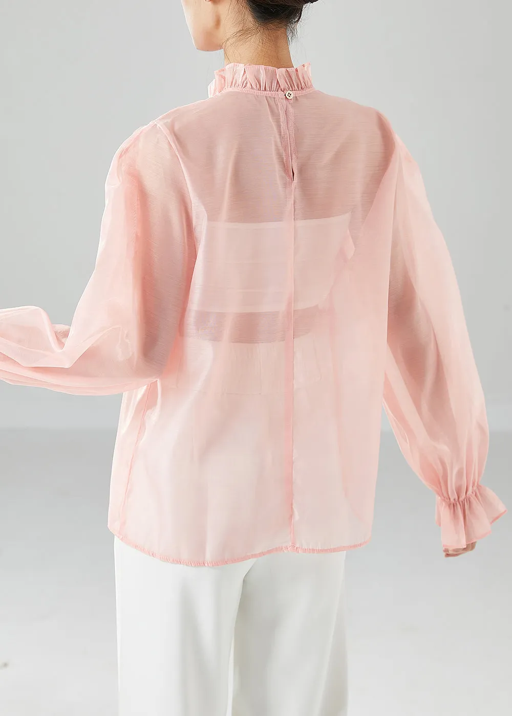 Elegant Pink Ruffled Floral Chiffon Blouses Summer LY6145
