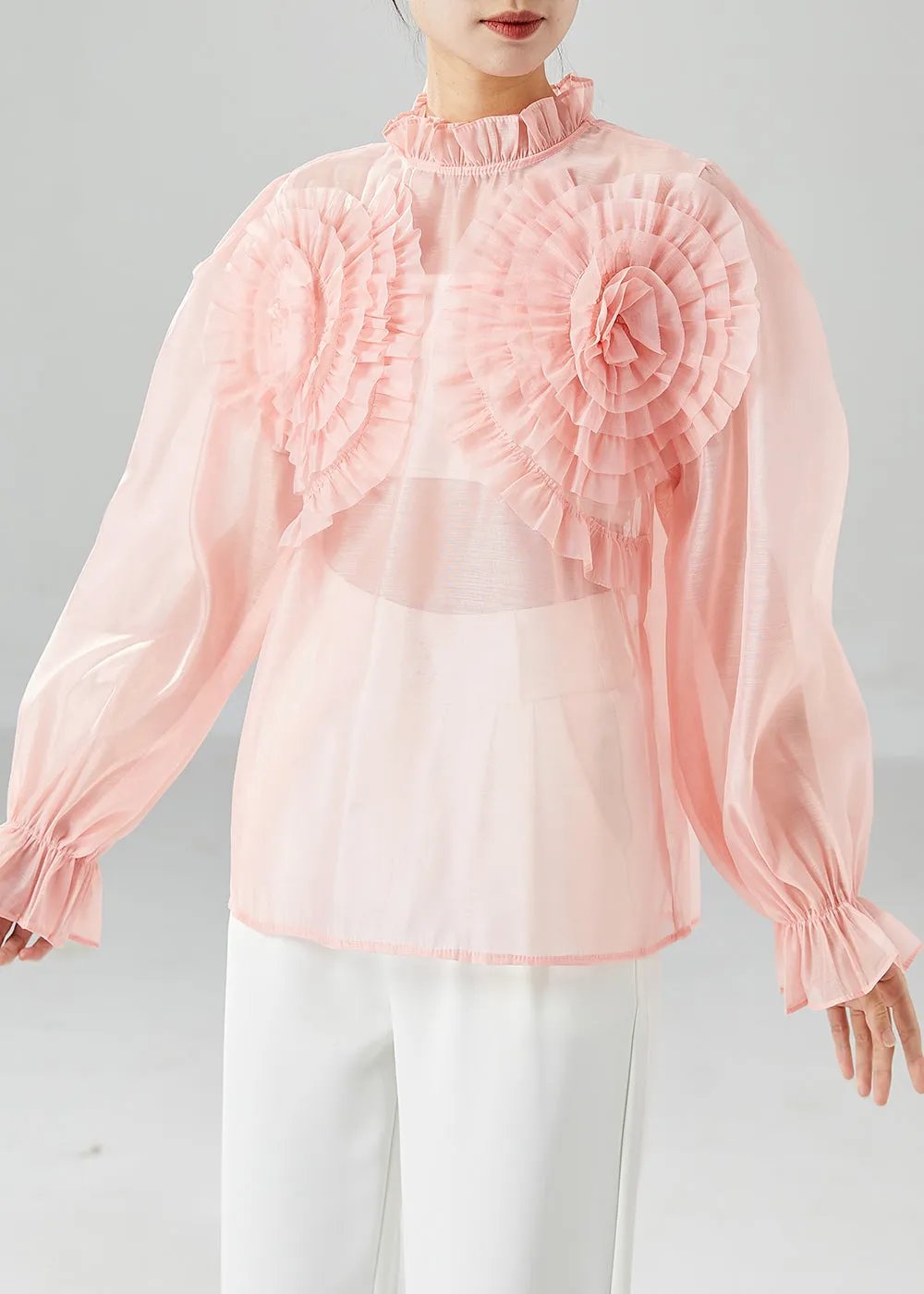 Elegant Pink Ruffled Floral Chiffon Blouses Summer LY6145