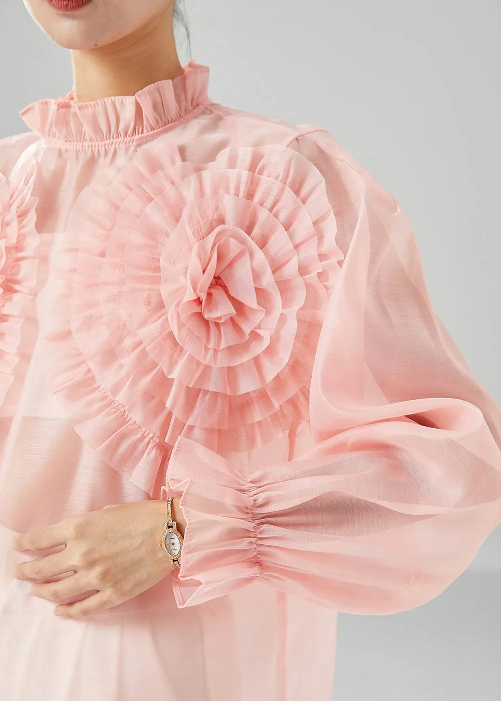 Elegant Pink Ruffled Floral Chiffon Blouses Summer LY6145