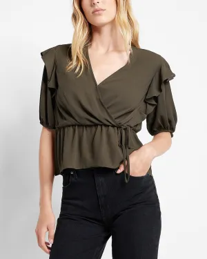 Faux Wrap Puff Sleeve Peplum Top in Olive Green