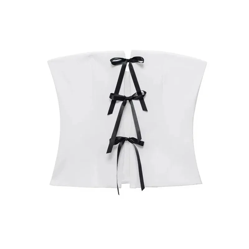 Girlary Off Shoulder Corset Top Woman Bow Ties Cut Out White Crop Top Women Sleeveless Backless Tube Tops Summer Sexy Short Tops