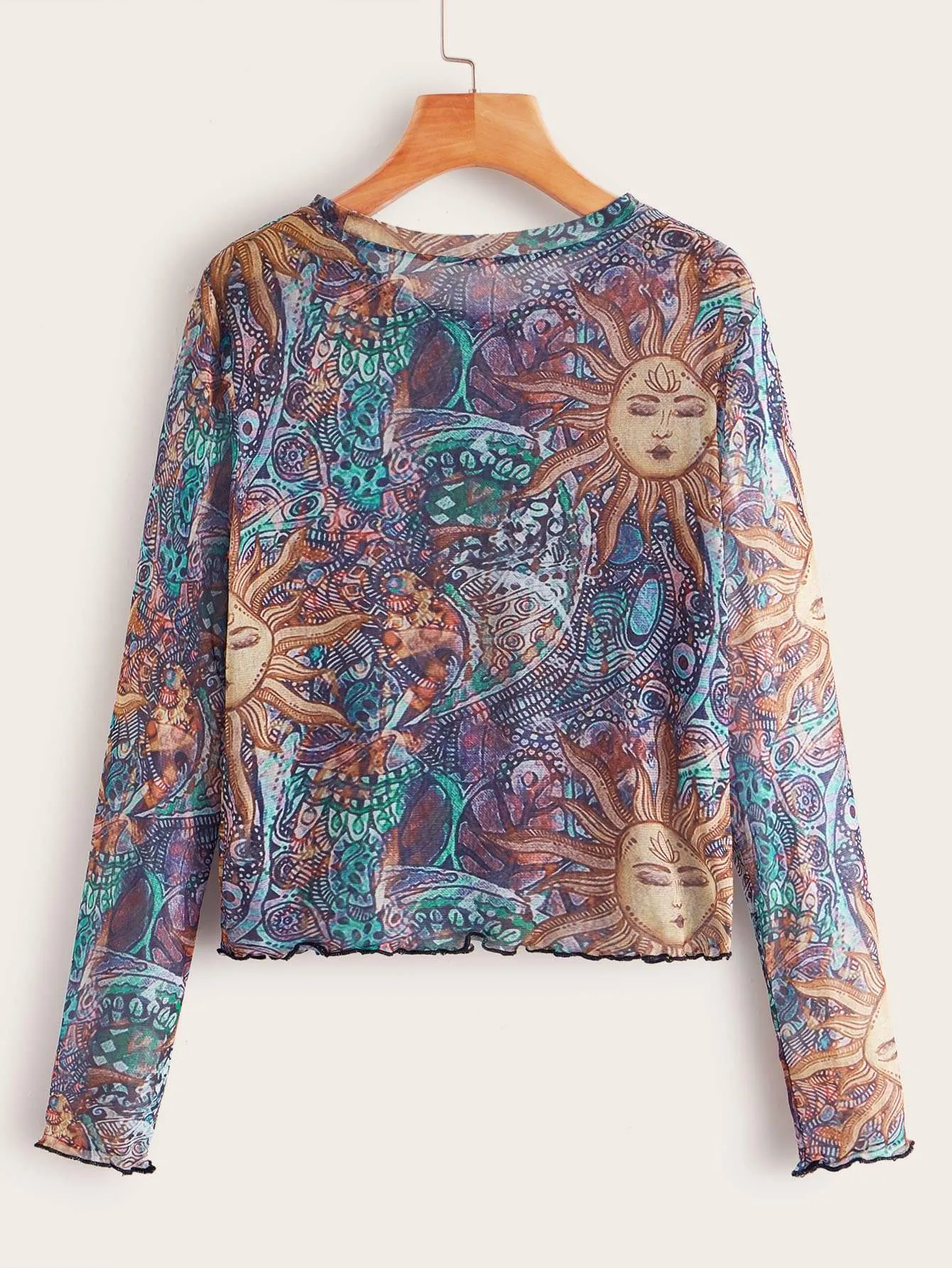 Graphic Print Lettuce Trim Mesh Top