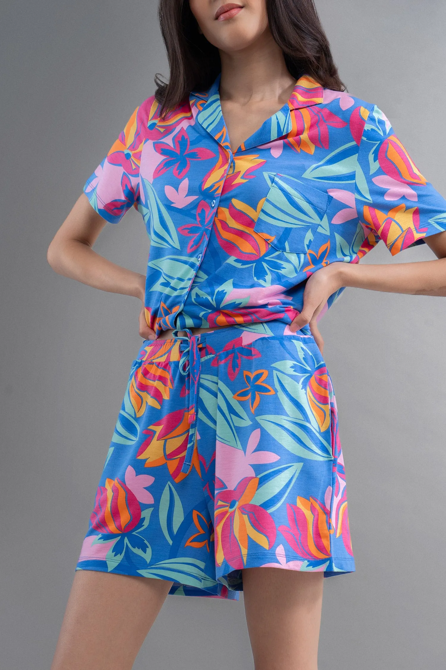 Hawaii Flower Modal Button Down Half Sleeve Shirt