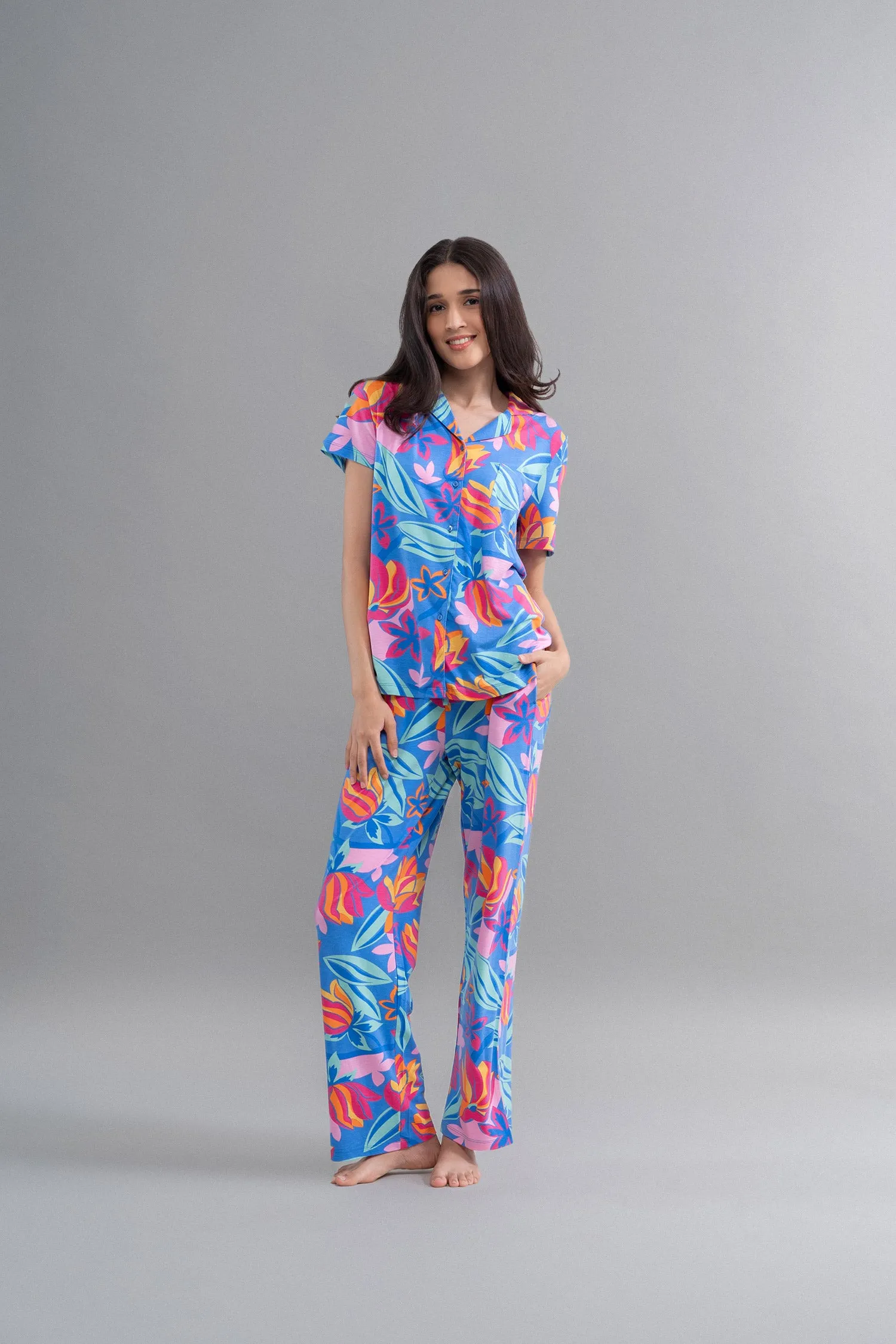 Hawaii Flower Modal Button Down Half Sleeve Shirt