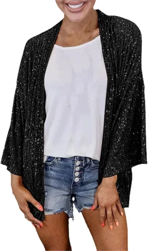 Lightweight Cardigans for Women 2024 Summer Loose Fit Long Sleeve Sequin Cardigan Solid Color Casual Blouses