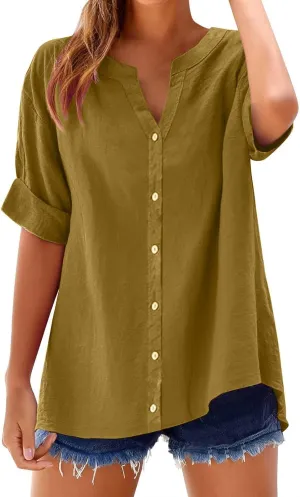 Linen Shirts for Women 2025 Summer Simple Solid Print Button Down V Neck Short Sleeve Blouses Comfy Womens Cotton Tops